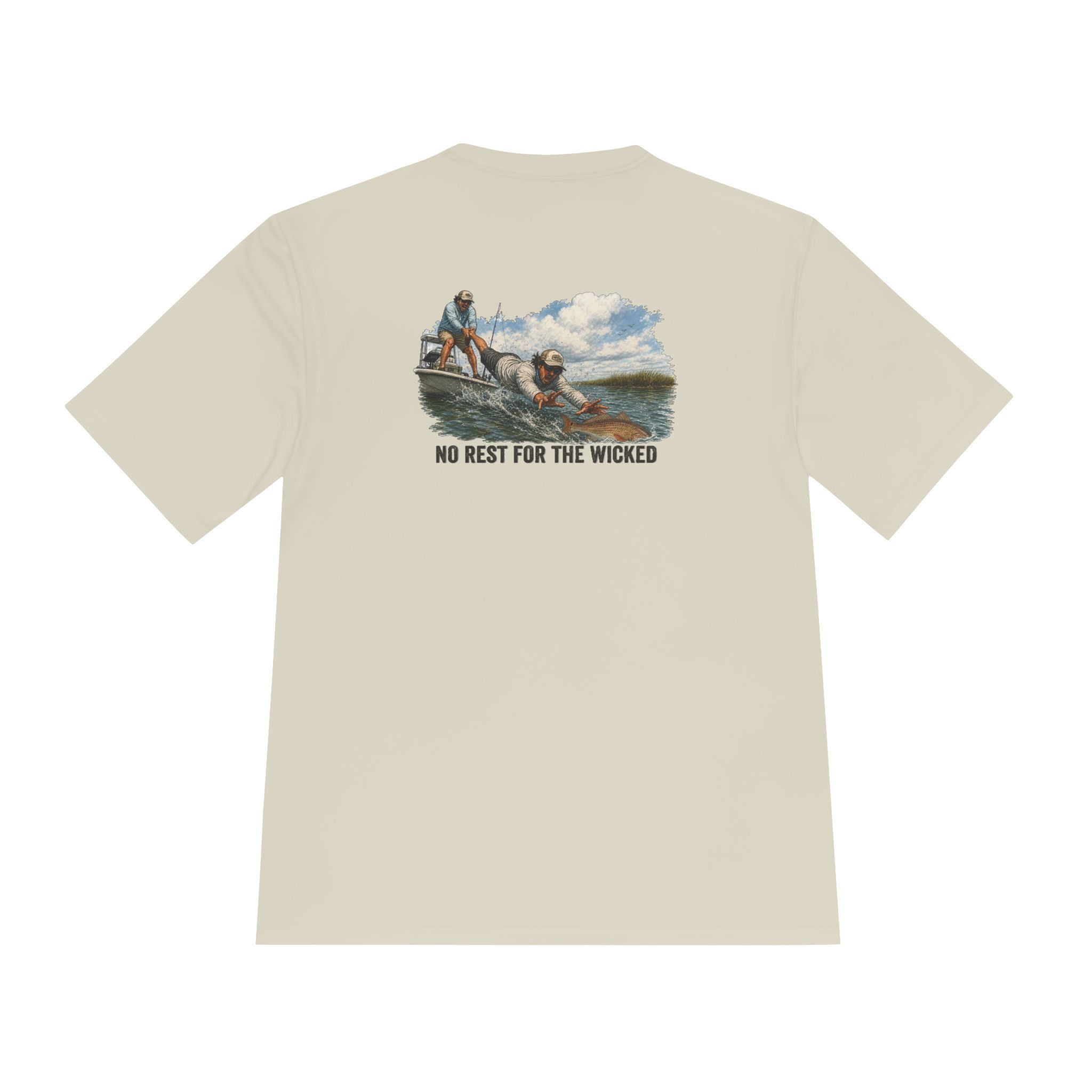 Fishing Trip Graphic Tee — "No Rest For The Wicked" Moisture-Wicking Shirt