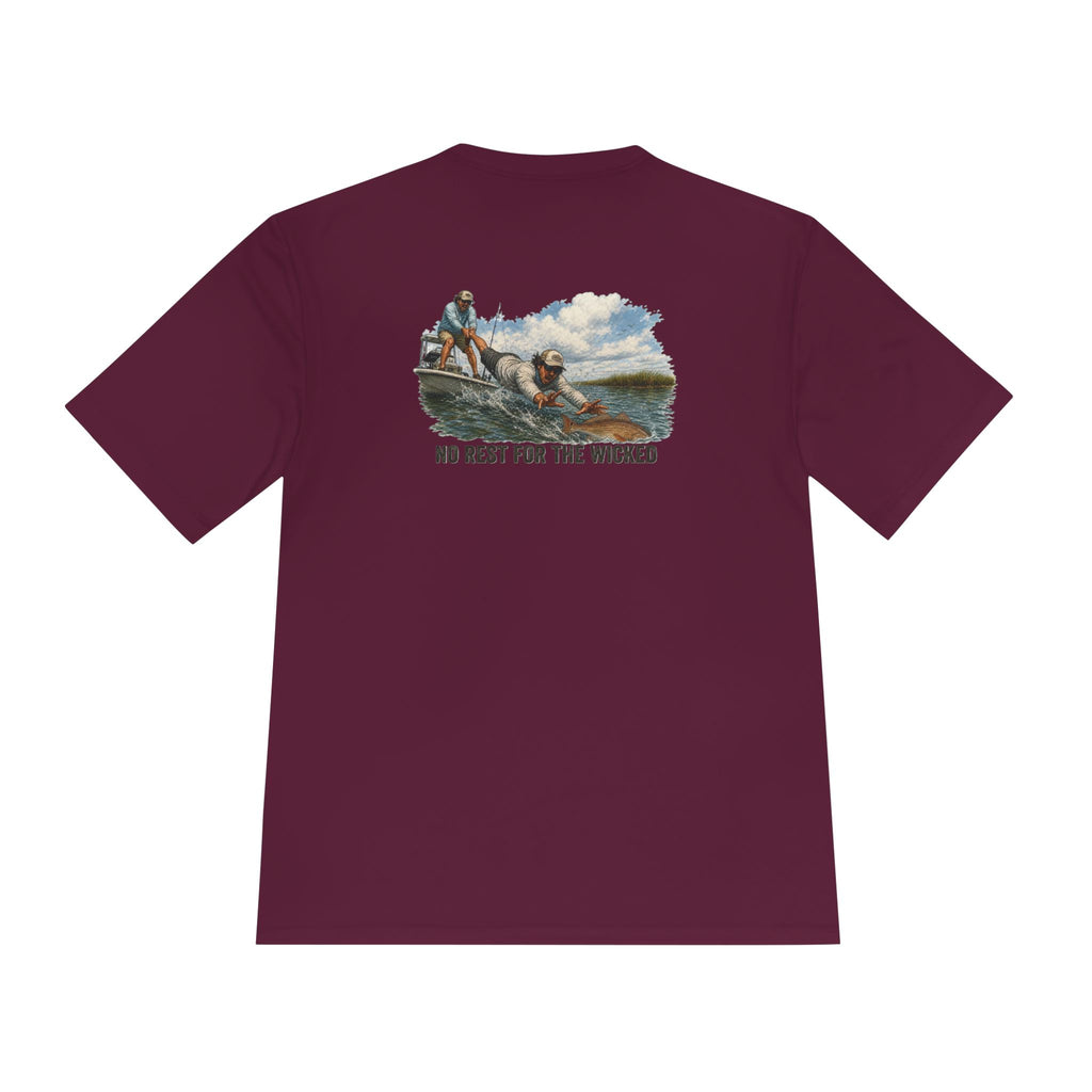 Fishing Trip Graphic Tee — "No Rest For The Wicked" Moisture-Wicking Shirt