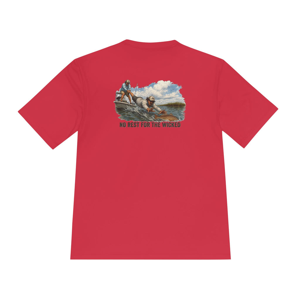 Fishing Trip Graphic Tee — "No Rest For The Wicked" Moisture-Wicking Shirt