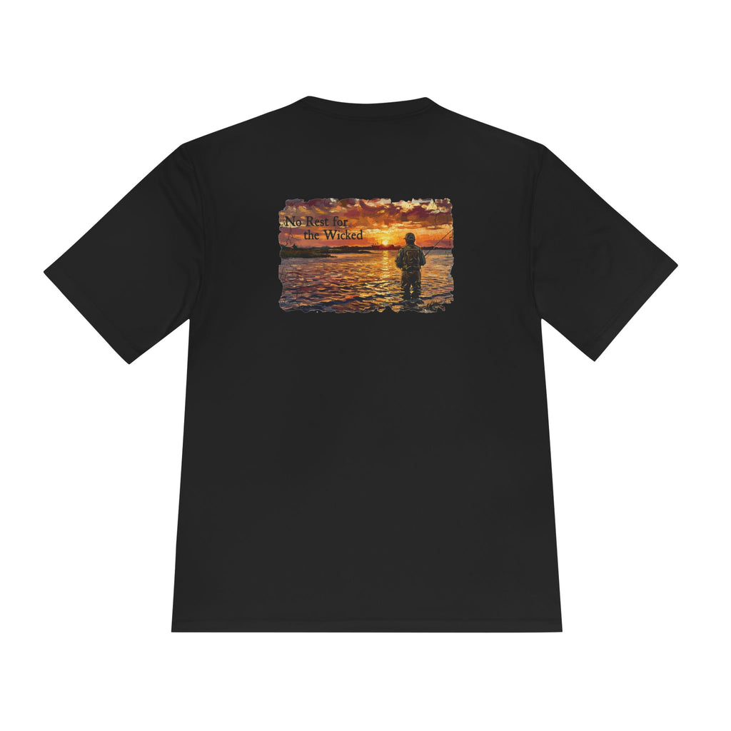 Sunset Fishing Moisture-Wicking Tee — 'No Rest for the Wicked' Performance Shirt