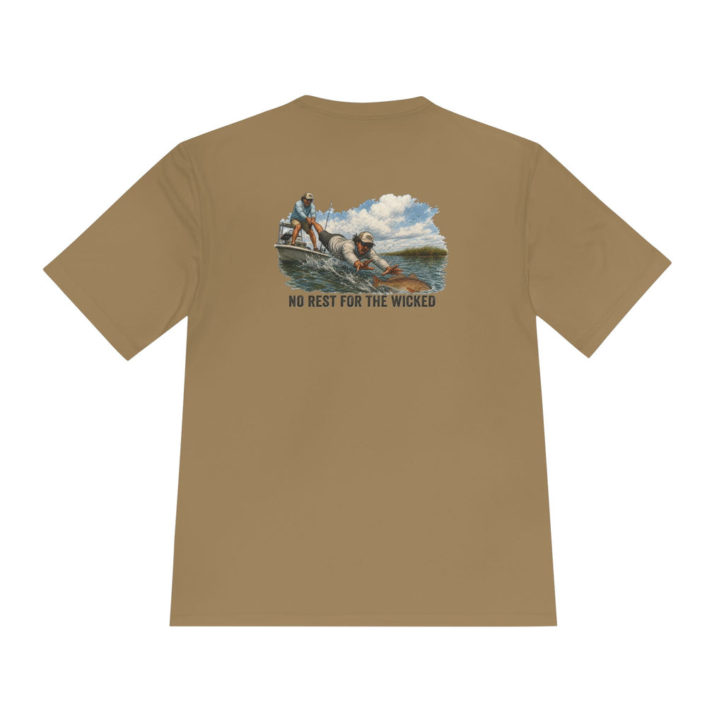 Fishing Trip Graphic Tee — "No Rest For The Wicked" Moisture-Wicking Shirt