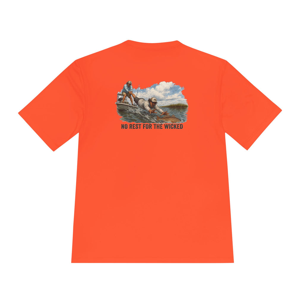 Fishing Trip Graphic Tee — "No Rest For The Wicked" Moisture-Wicking Shirt