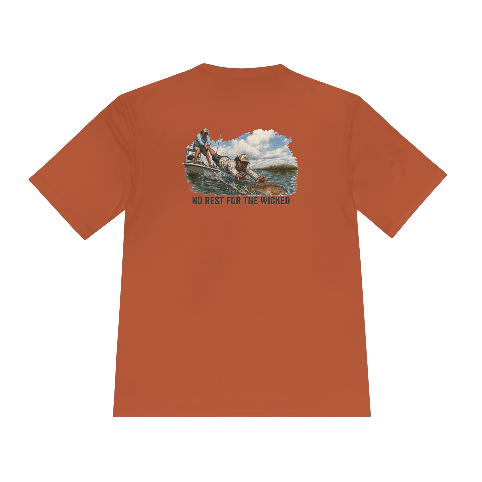 Fishing Trip Graphic Tee — "No Rest For The Wicked" Moisture-Wicking Shirt