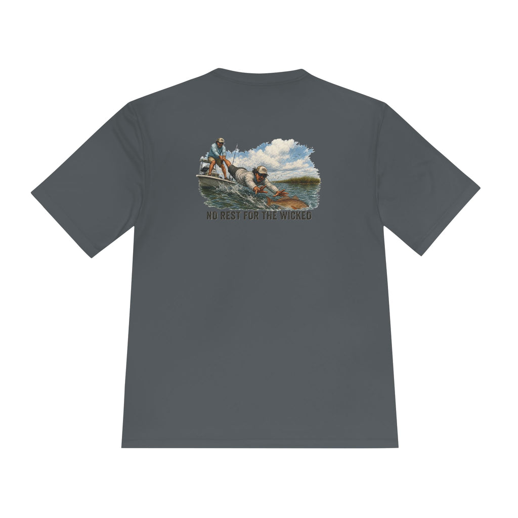 Fishing Trip Graphic Tee — "No Rest For The Wicked" Moisture-Wicking Shirt