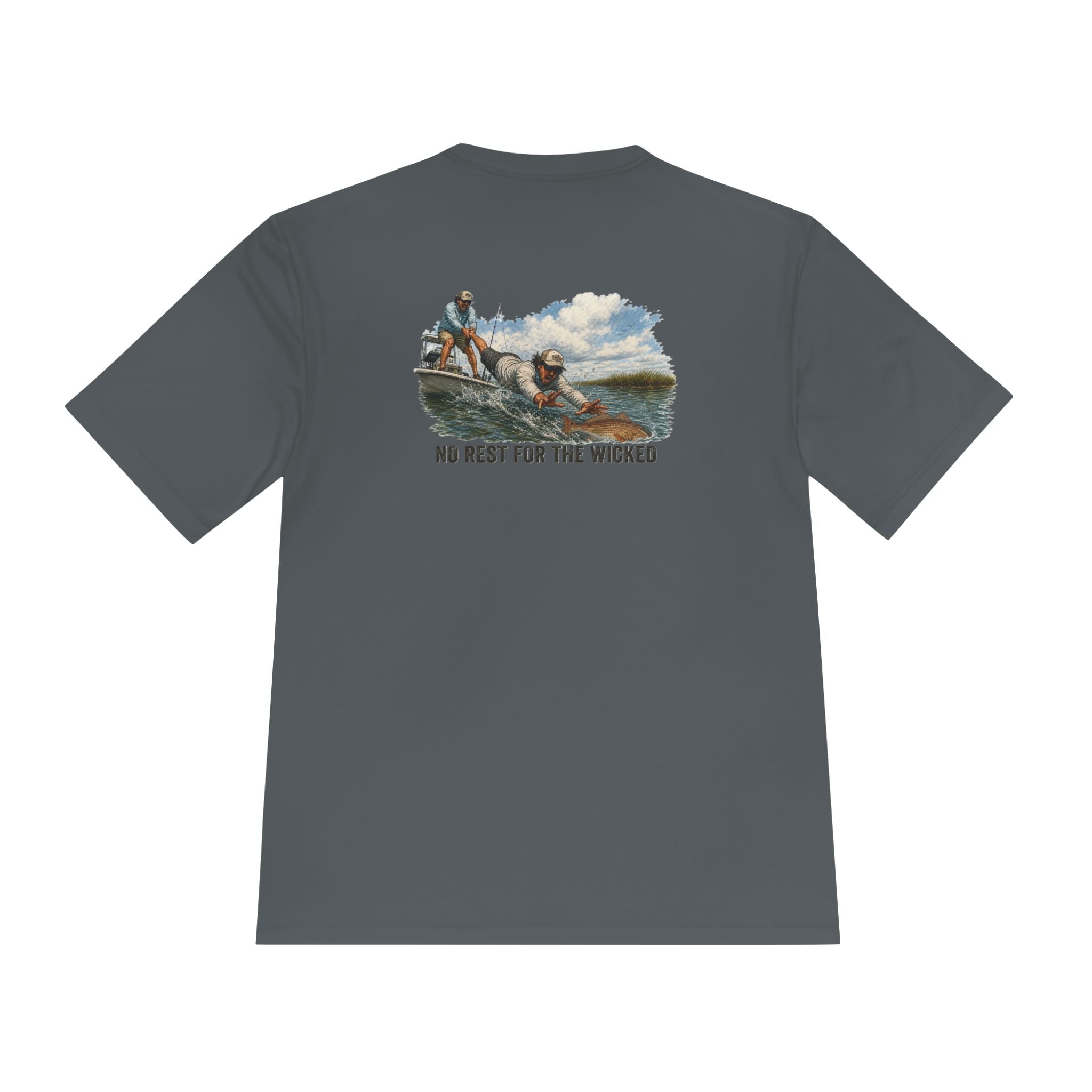 Fishing Trip Graphic Tee — "No Rest For The Wicked" Moisture-Wicking Shirt