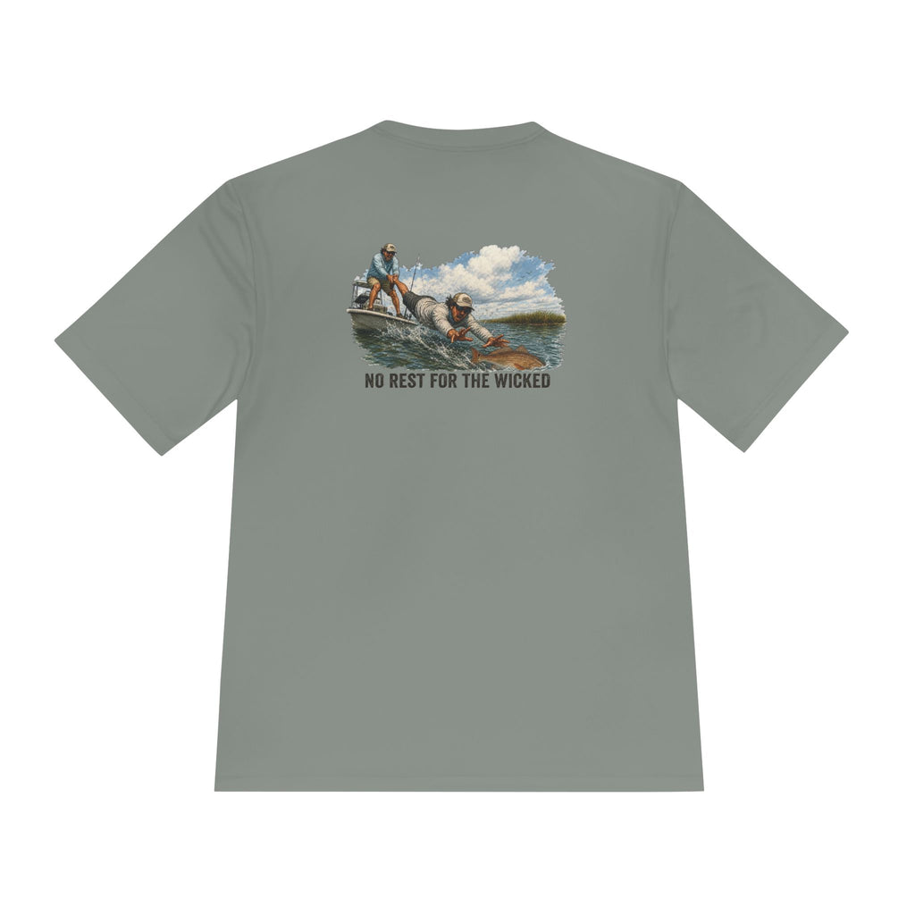 Fishing Trip Graphic Tee — "No Rest For The Wicked" Moisture-Wicking Shirt