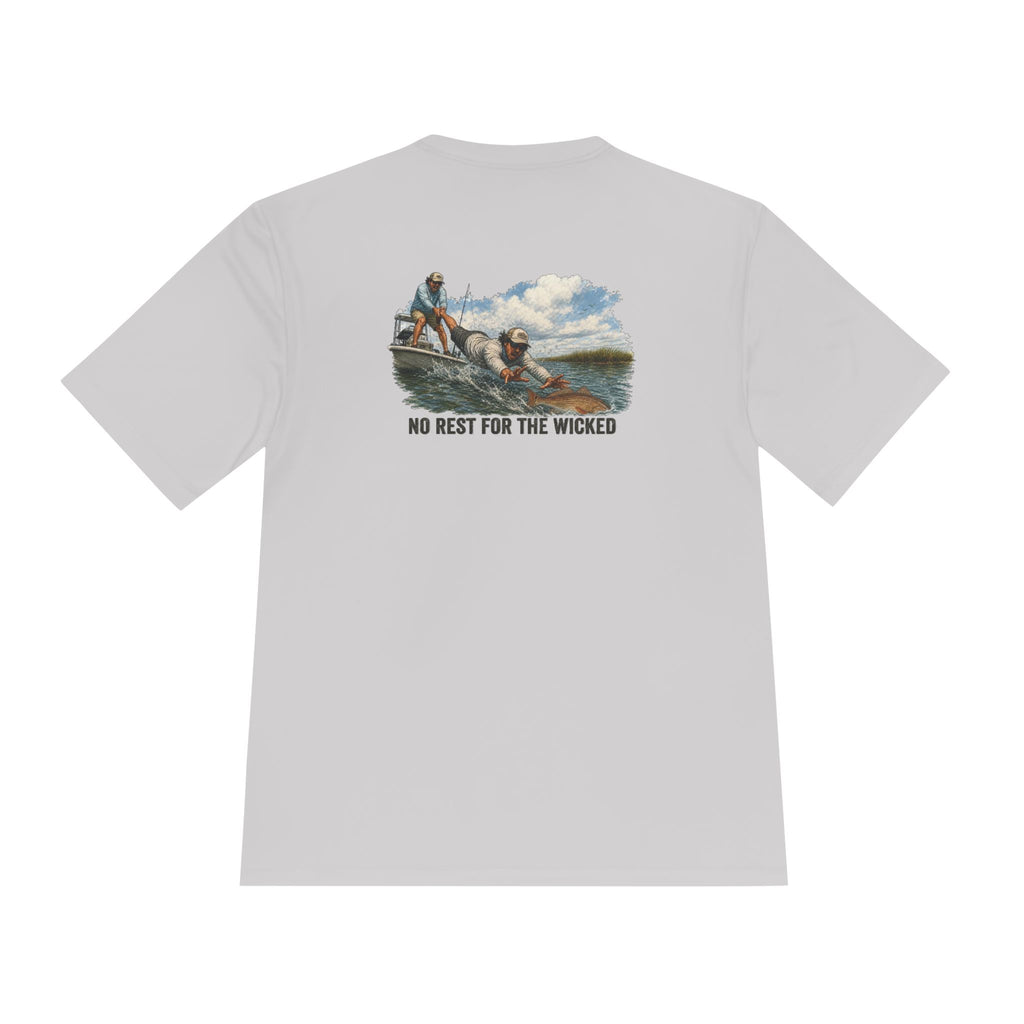 Fishing Trip Graphic Tee — "No Rest For The Wicked" Moisture-Wicking Shirt