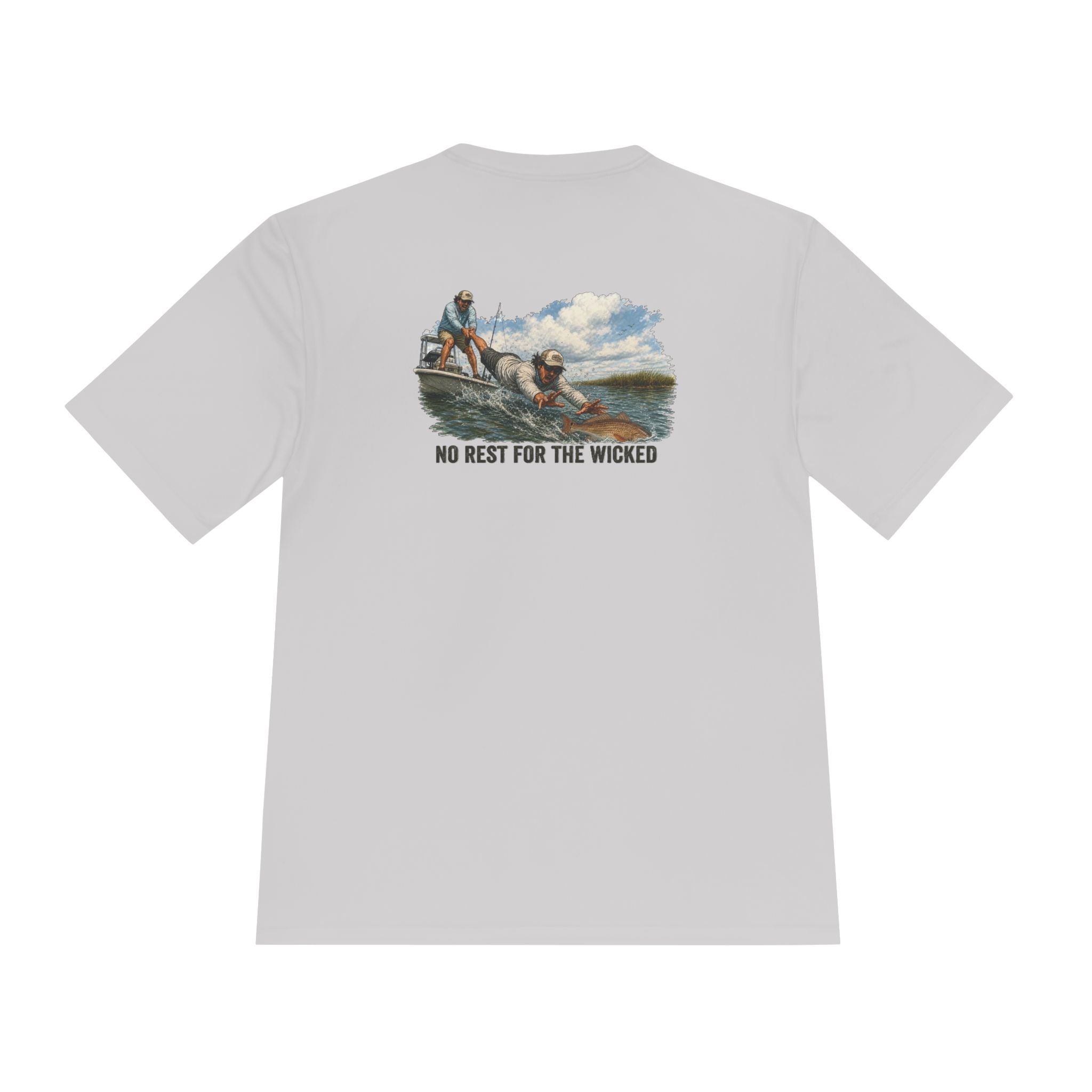 Fishing Trip Graphic Tee — "No Rest For The Wicked" Moisture-Wicking Shirt