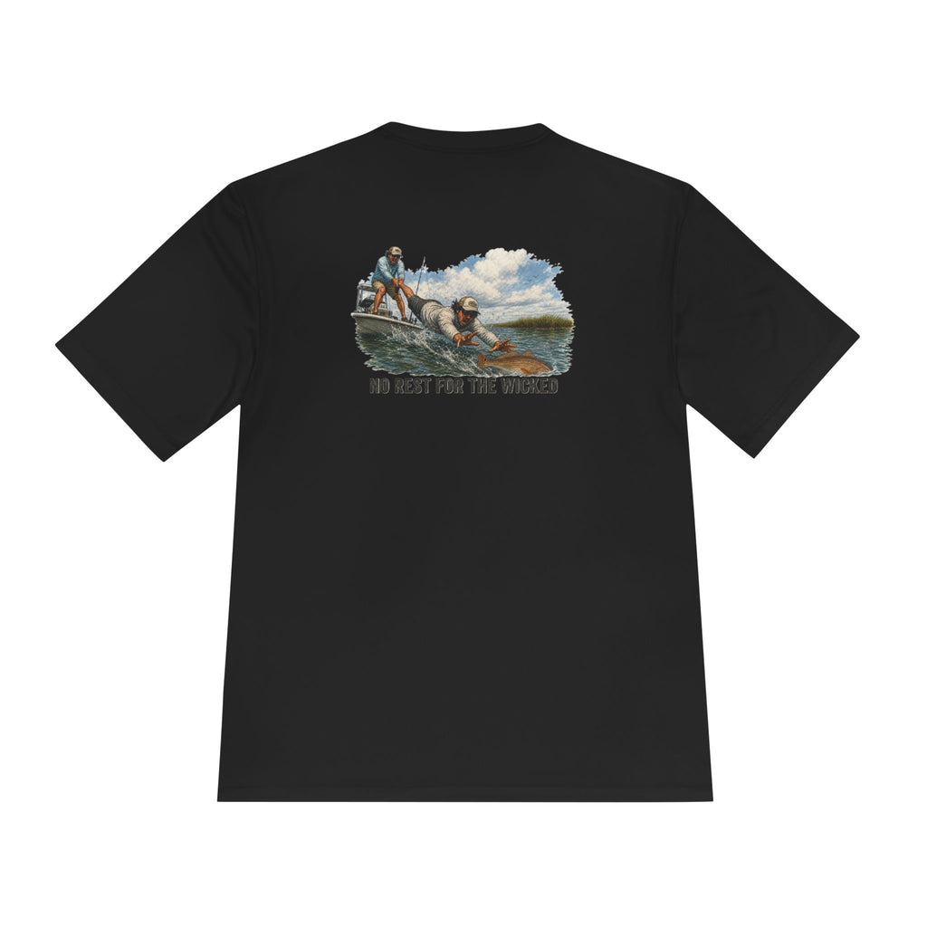 Fishing Trip Graphic Tee — "No Rest For The Wicked" Moisture-Wicking Shirt