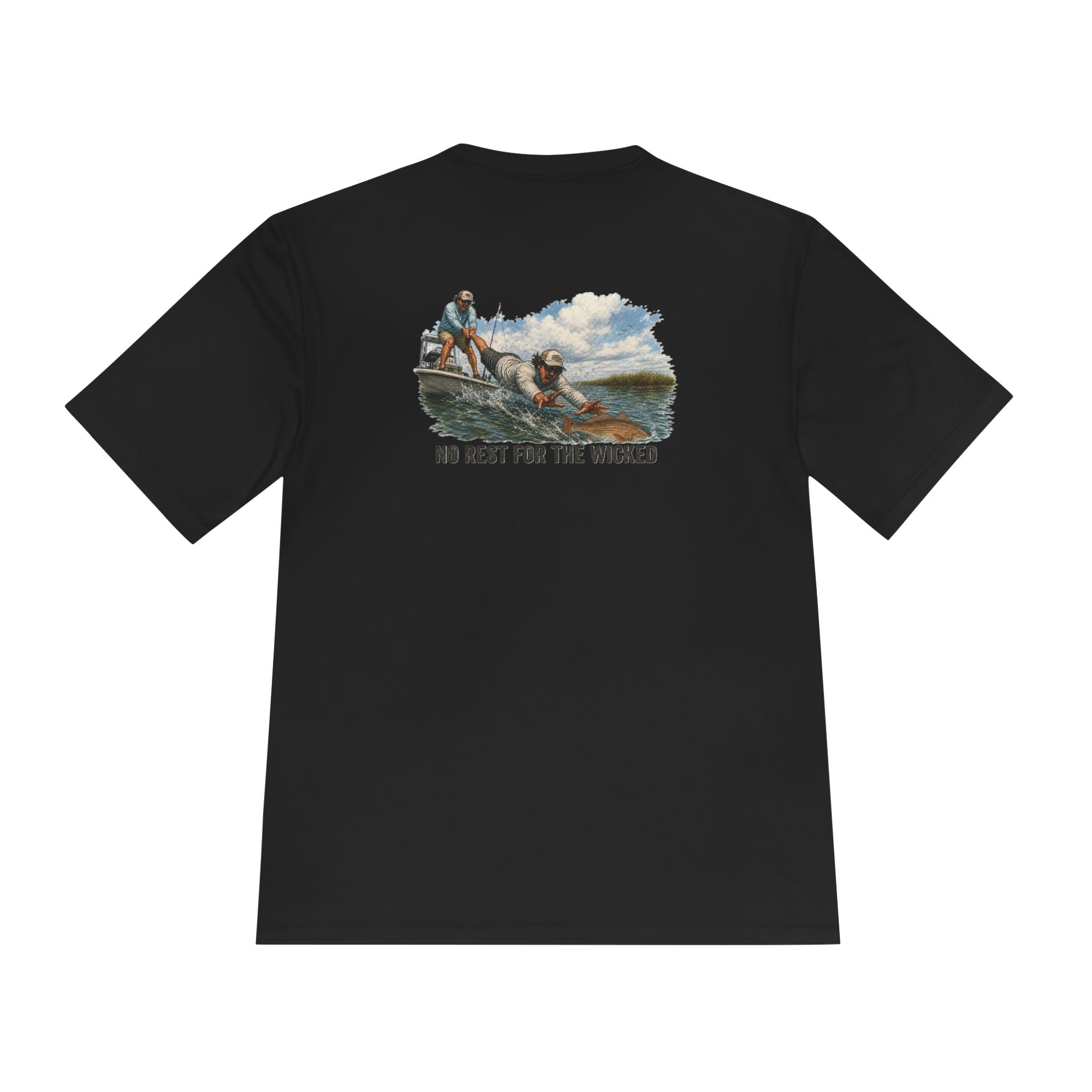 Fishing Trip Graphic Tee — "No Rest For The Wicked" Moisture-Wicking Shirt