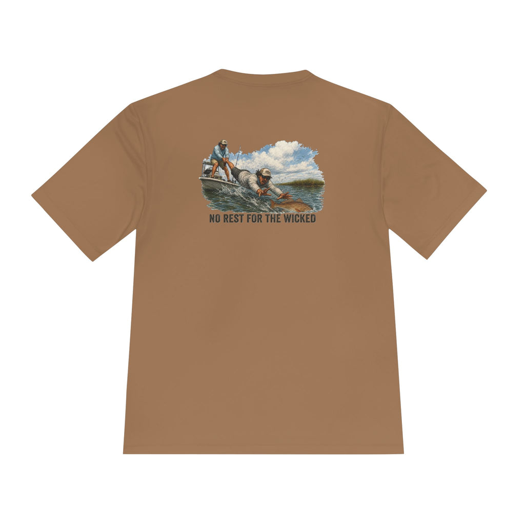 Fishing Trip Graphic Tee — "No Rest For The Wicked" Moisture-Wicking Shirt