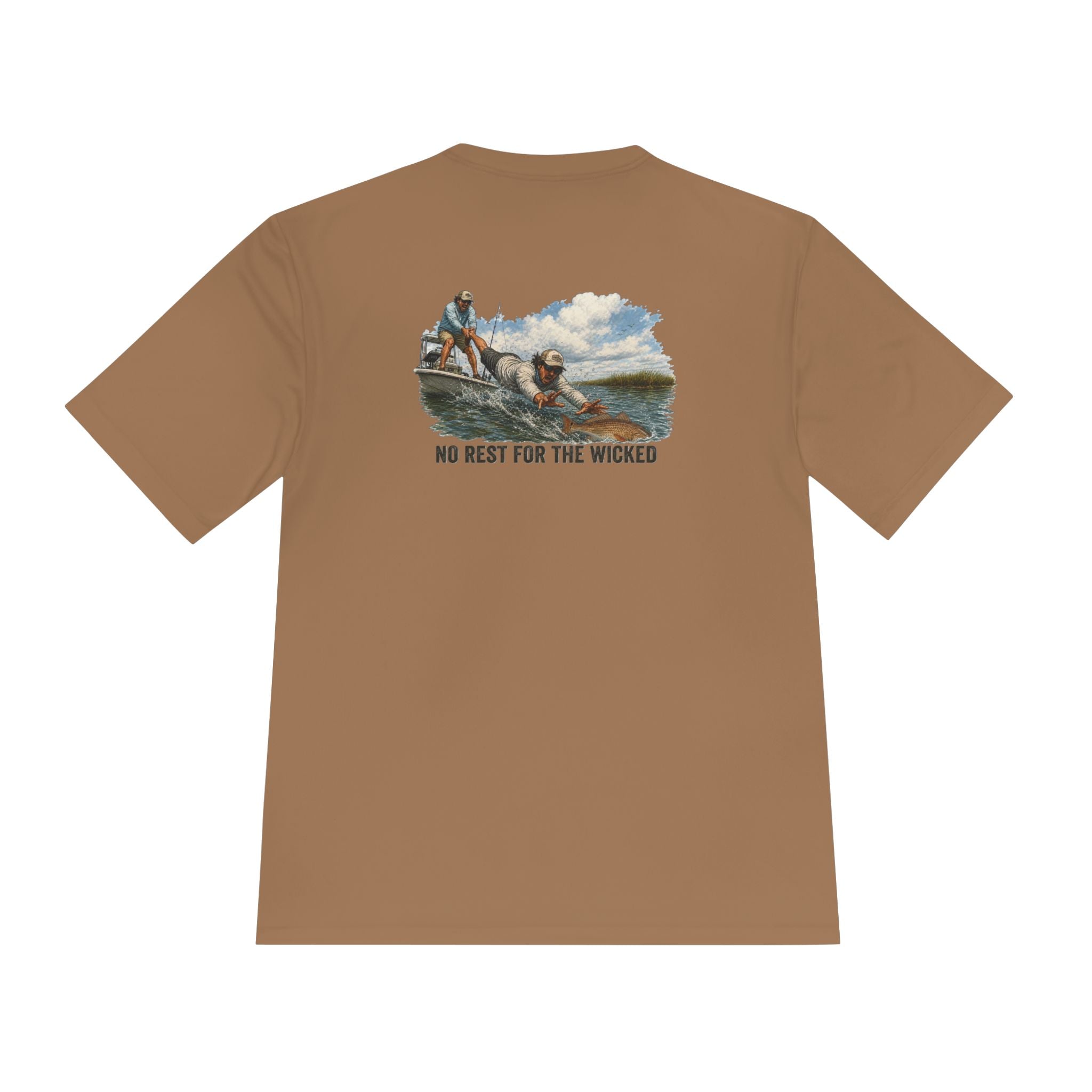Fishing Trip Graphic Tee — "No Rest For The Wicked" Moisture-Wicking Shirt