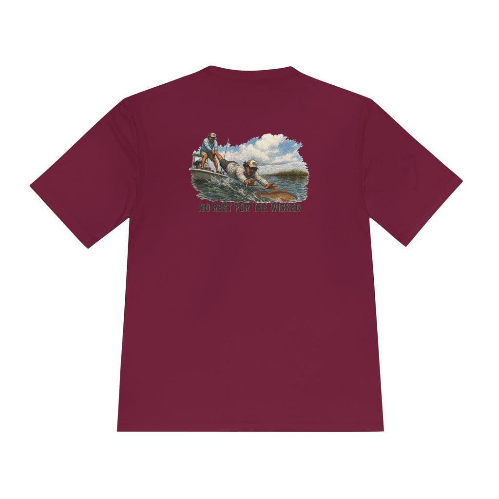 Fishing Trip Graphic Tee — "No Rest For The Wicked" Moisture-Wicking Shirt