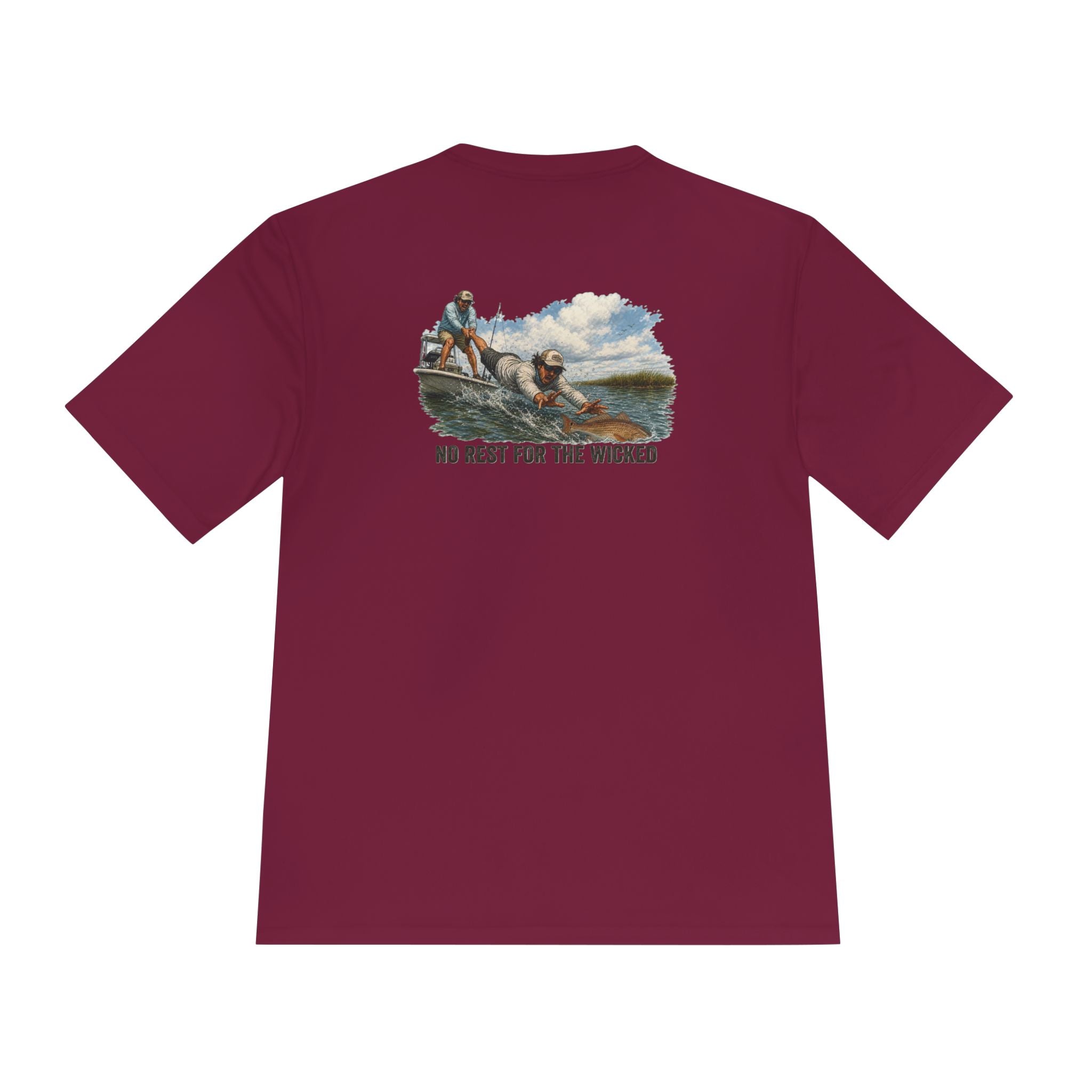 Fishing Trip Graphic Tee — "No Rest For The Wicked" Moisture-Wicking Shirt